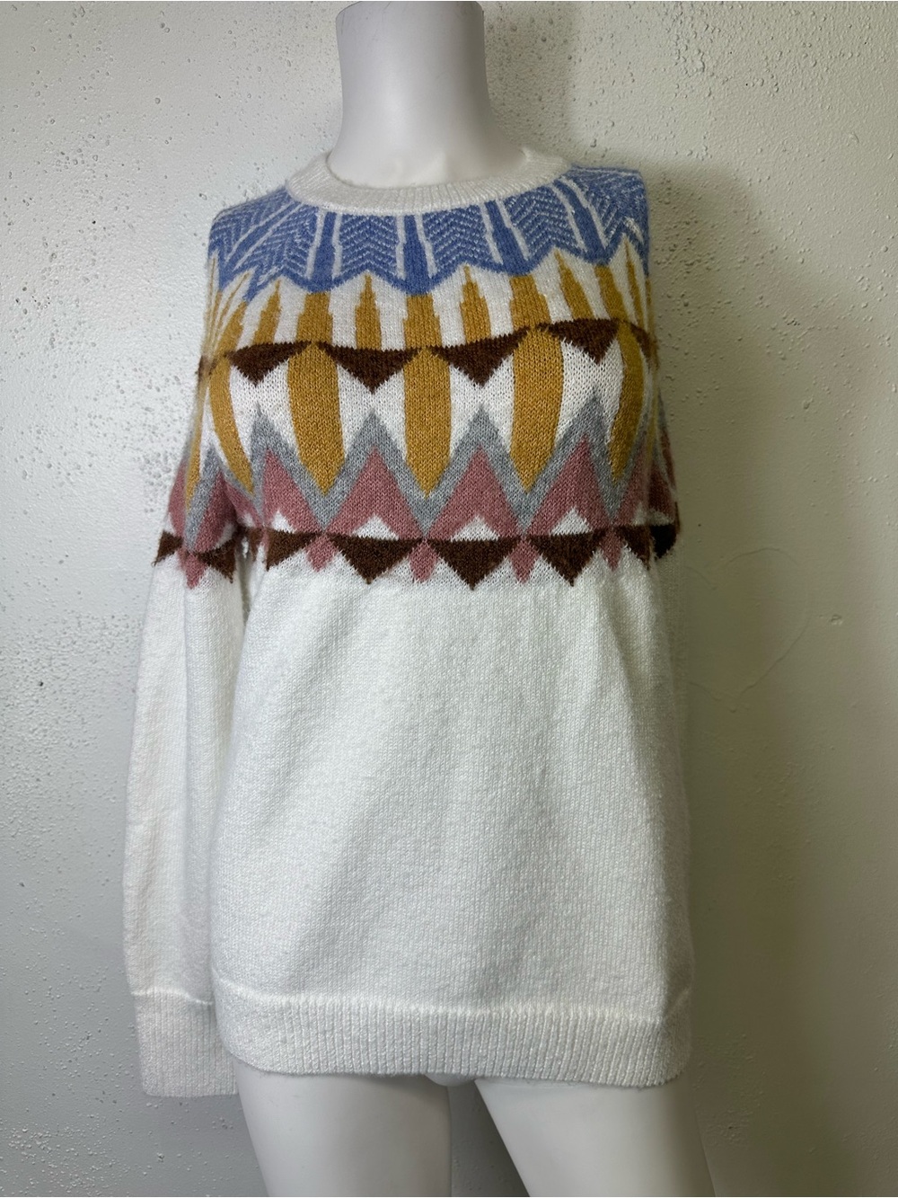 White Fair Isle Crewneck Sweater with Multicolor Pattern